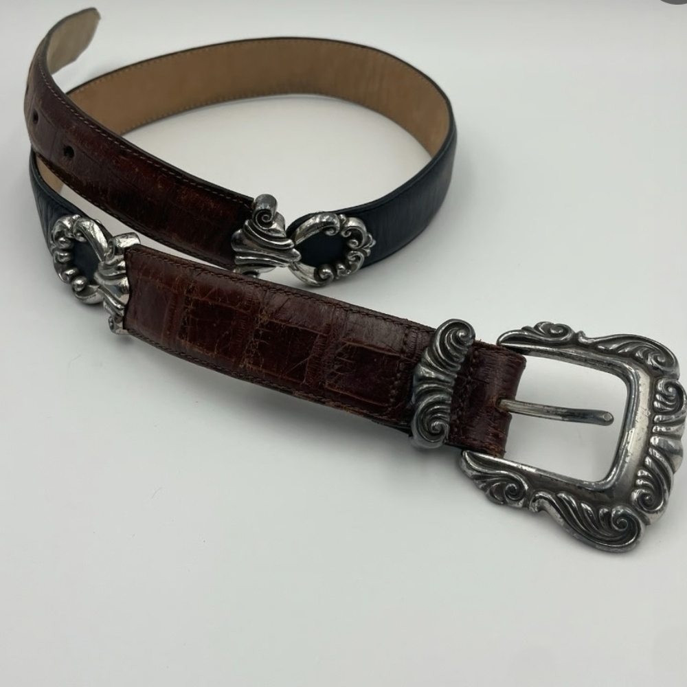 Vintage 90s Brighton Belt Brown & Black Two Tone Leather Silver Buckle Size S